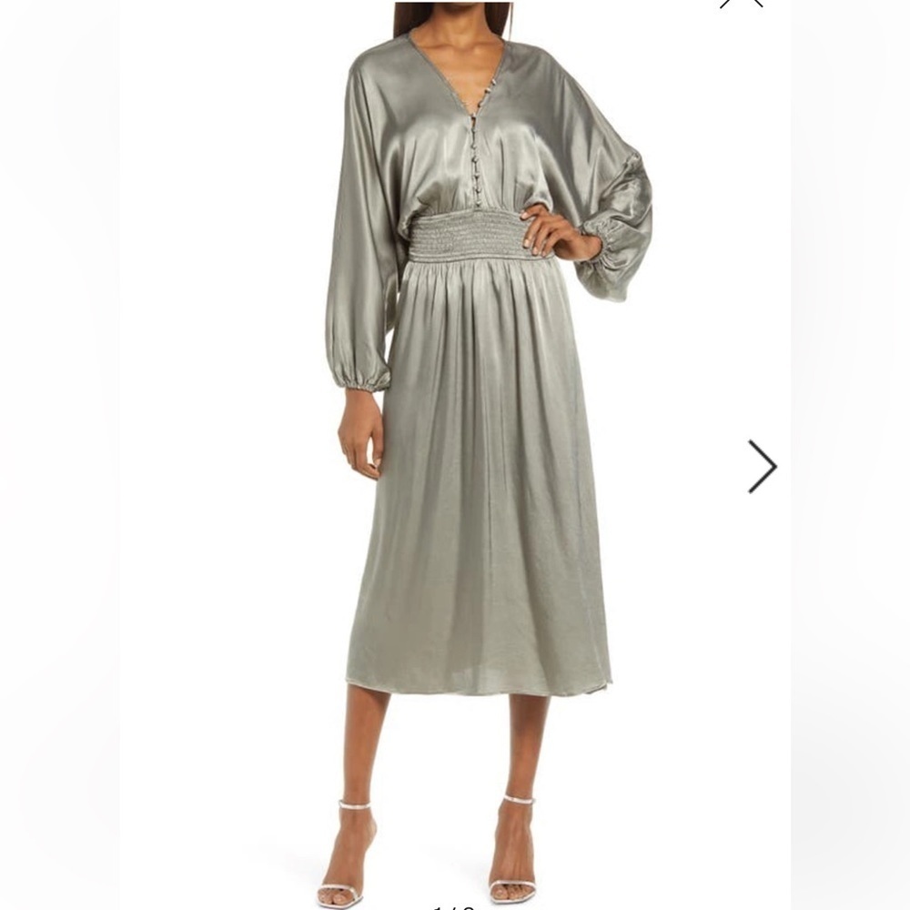 Elliatt Riviera Sporades Midi Shirred Satin Dress Sage Green Size: XS